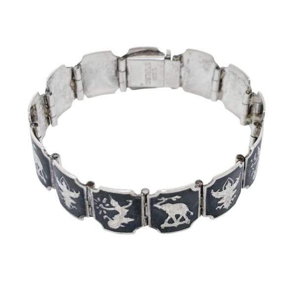 Vintage Siam Sterling Silver 925 Black Niello Link Bracelet 6.25" - Picture 3 of 11